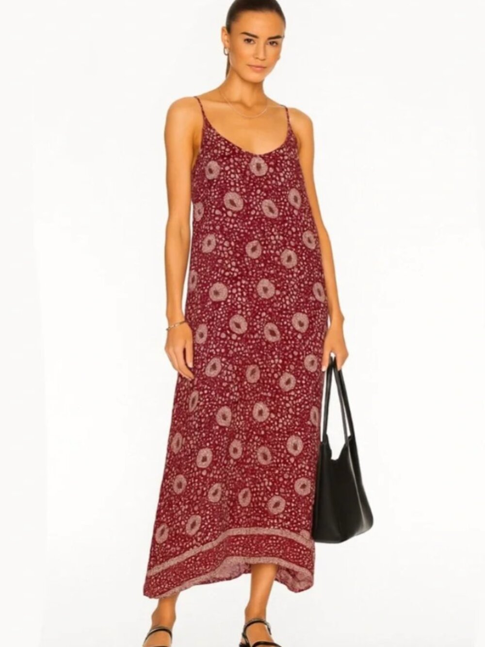Natalie Martin Heather Floral Cami Midi Sundress Dress Burgundy Red Small